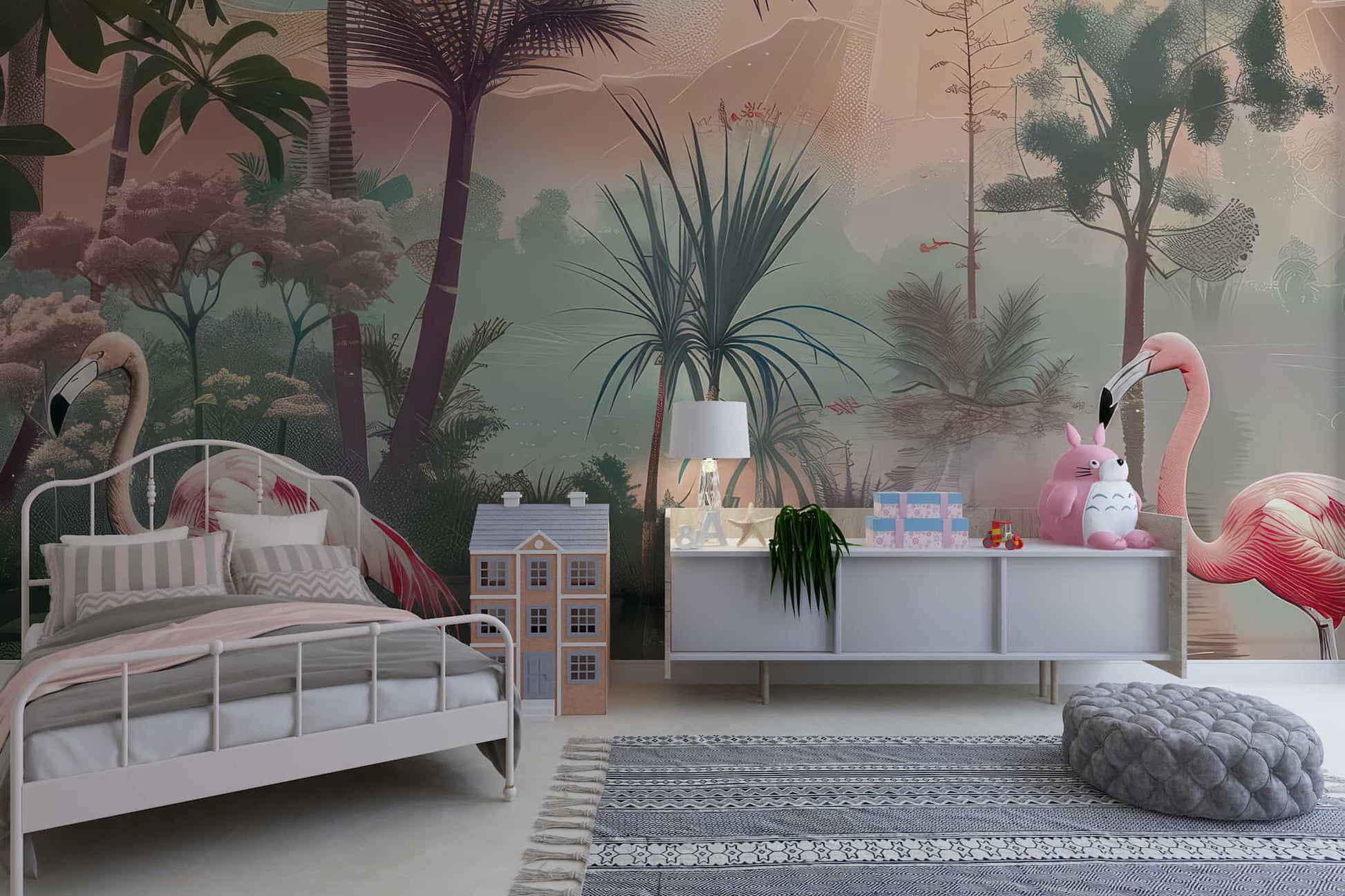 Tropical Flowers and Cranes Wallpaper, Floral Wall Mural YH-02539