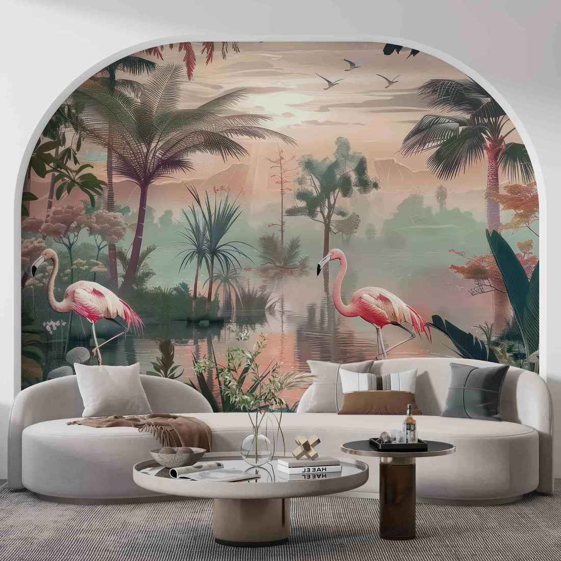 Tropical Flowers and Cranes Wallpaper, Floral Wall Mural YH-02539