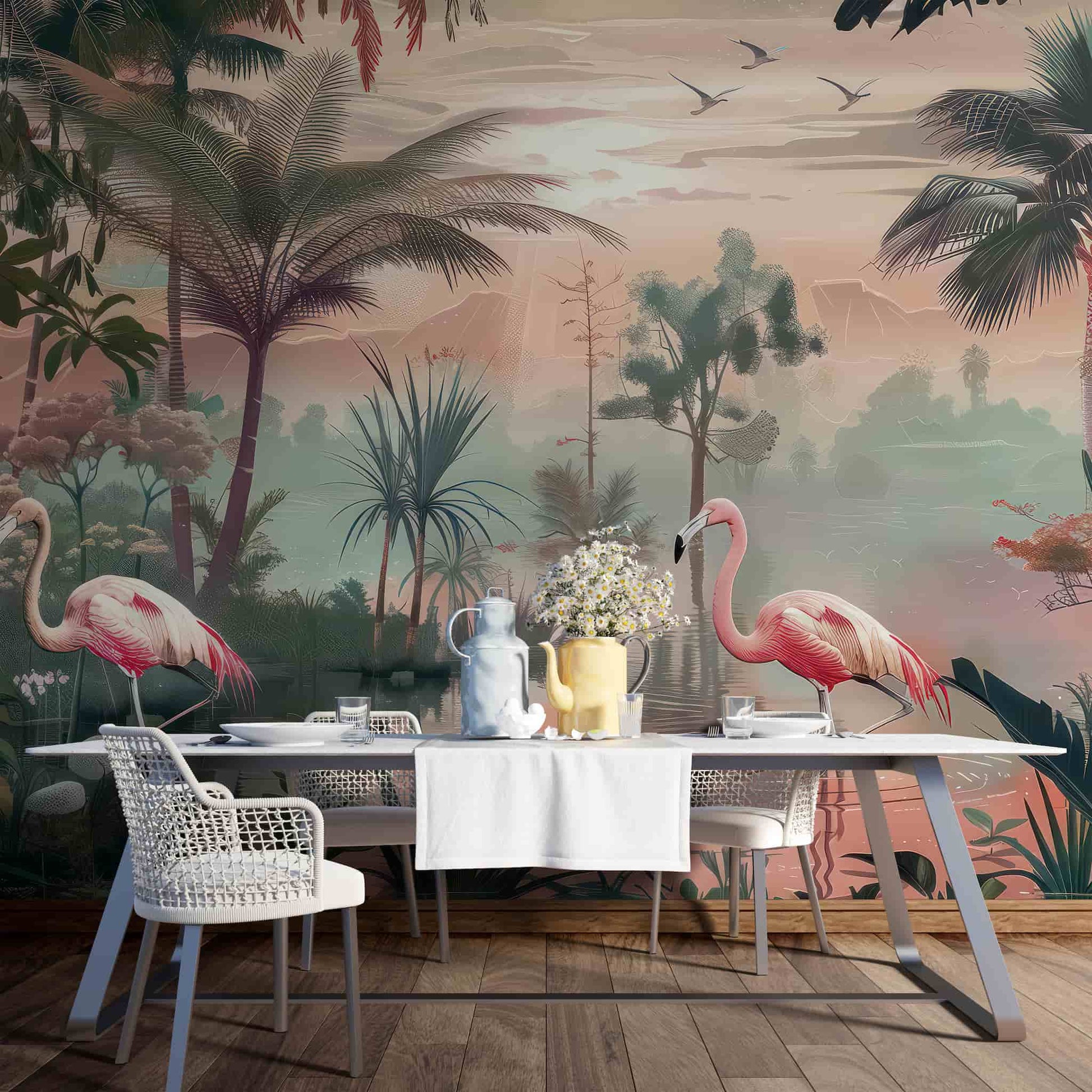 Tropical Flowers and Cranes Wallpaper, Floral Wall Mural YH-02539