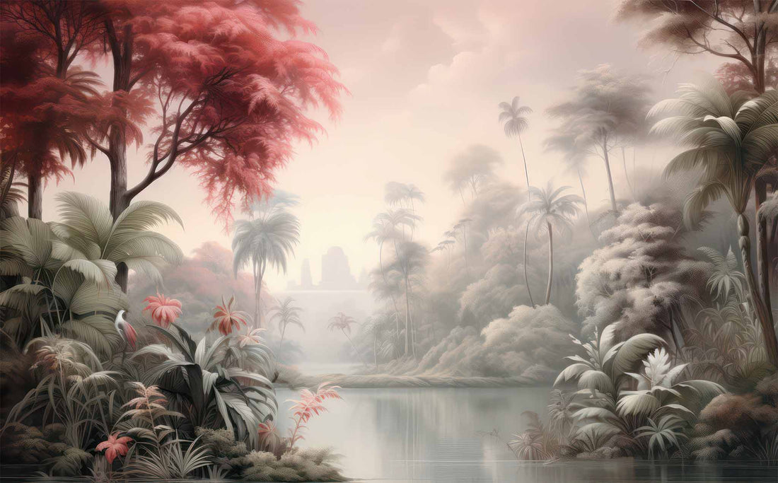 Tropical Pink Tree Wallpaper, Palm Trees Island Wall Decal YD-02376