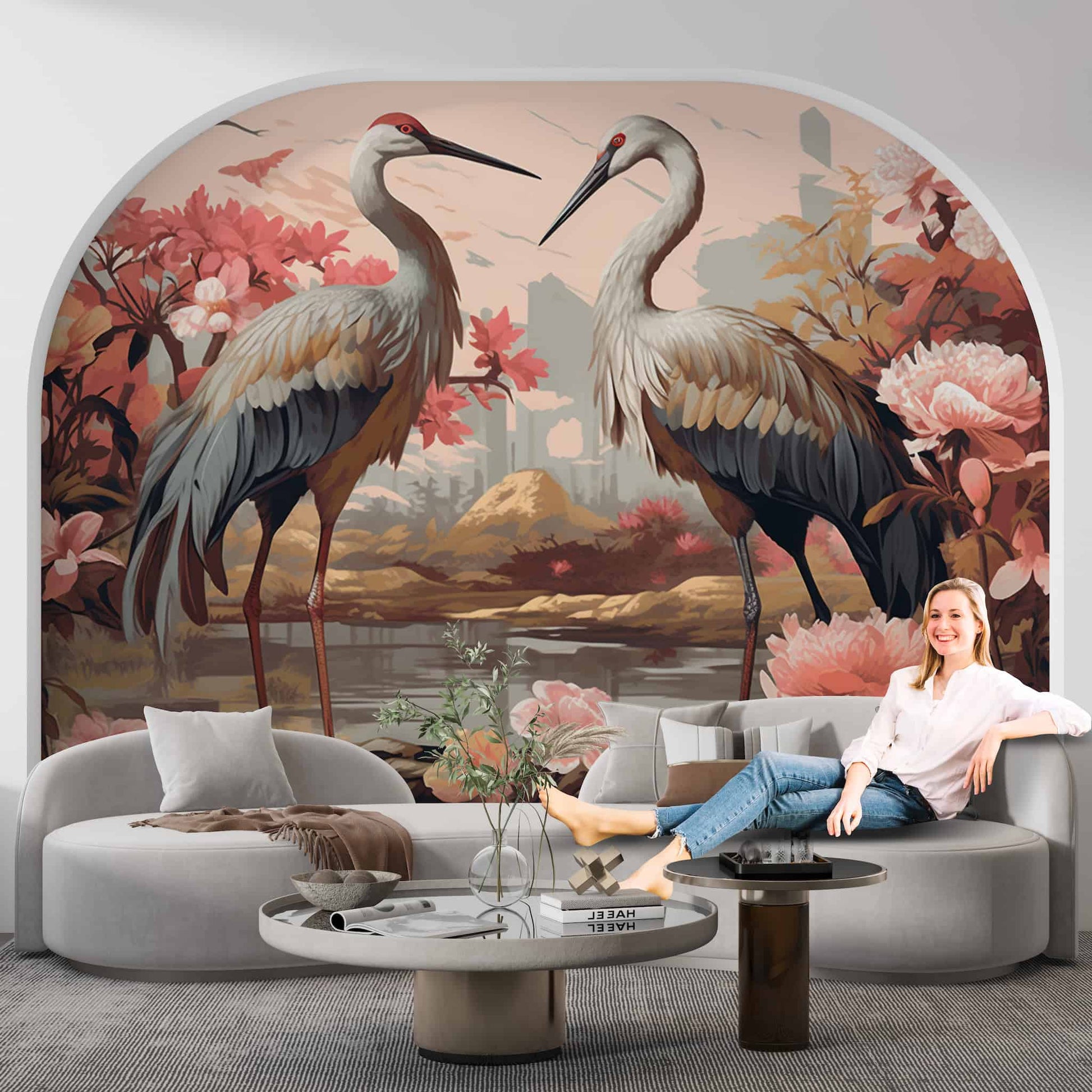Two Cranes and Flowers Wallpaper  Japanese Mural YH-00888