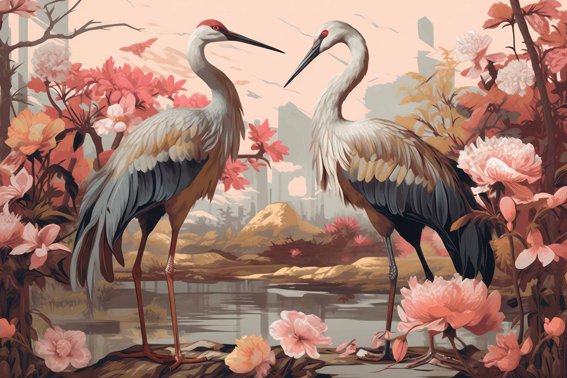 Two Cranes and Flowers Wallpaper  Japanese Mural YH-00888