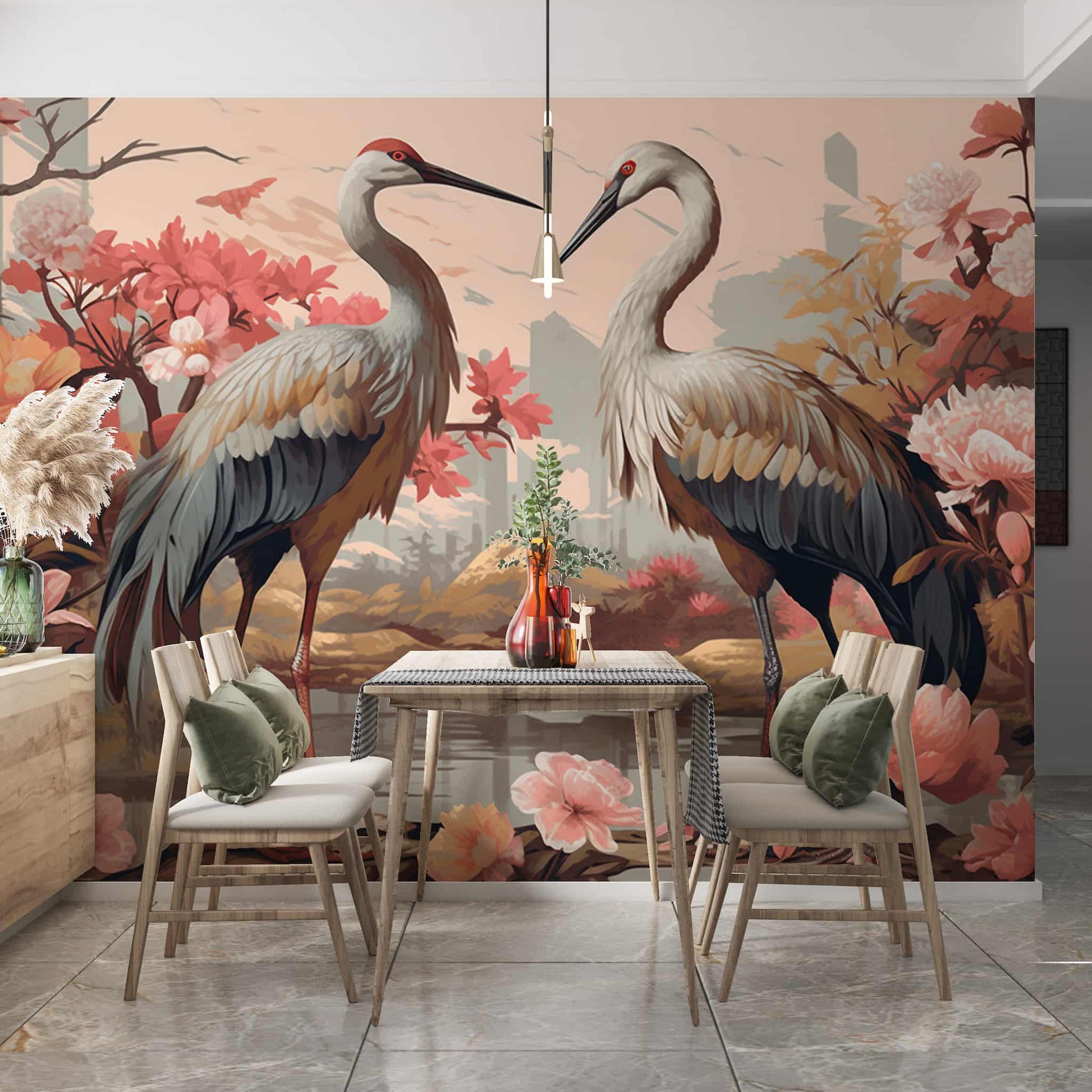 Two Cranes and Flowers Wallpaper  Japanese Mural YH-00888