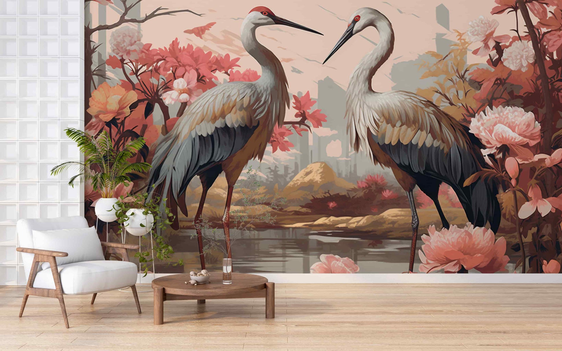 Two Cranes and Flowers Wallpaper  Japanese Mural YH-00888