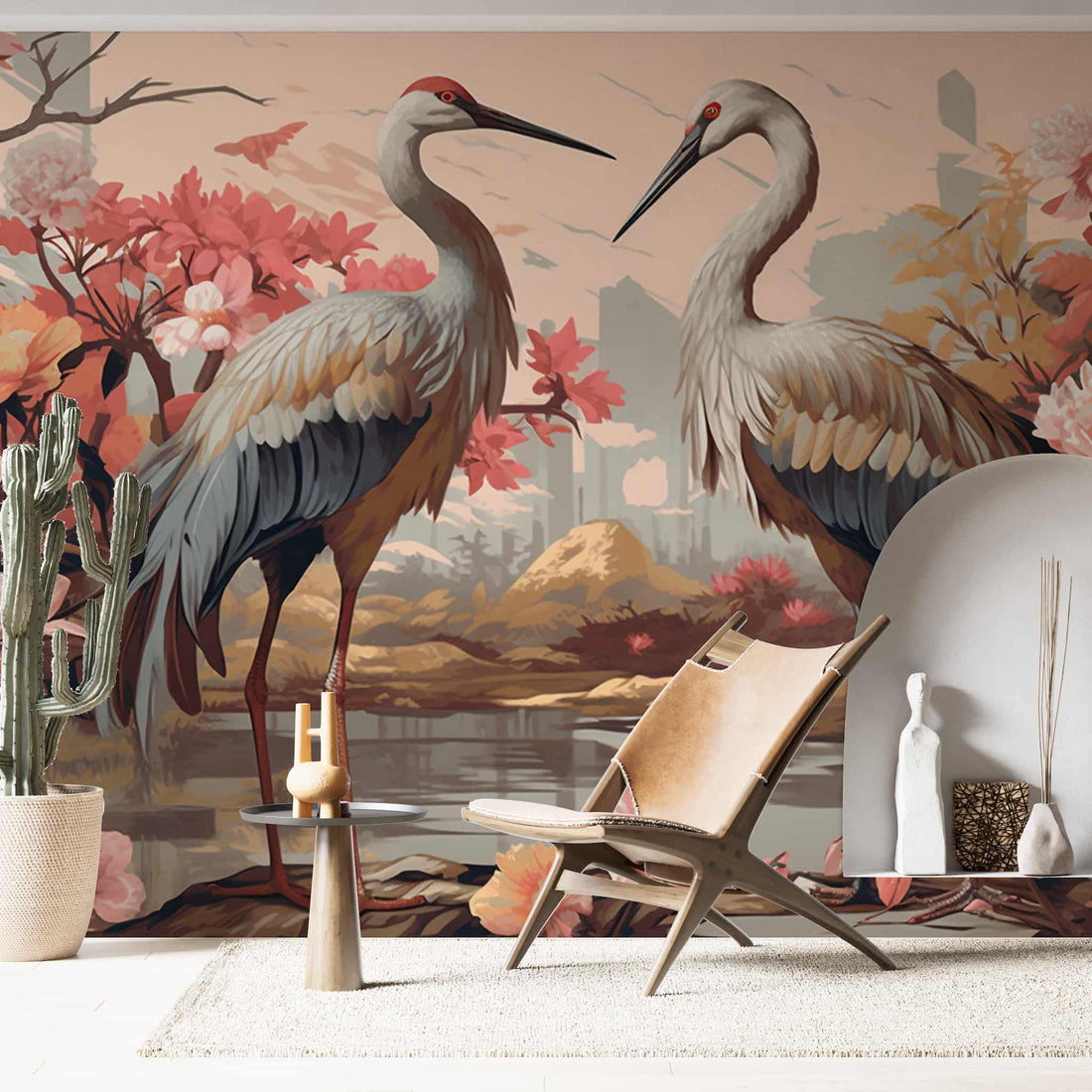 Two Cranes and Flowers Wallpaper  Japanese Mural YH-00888