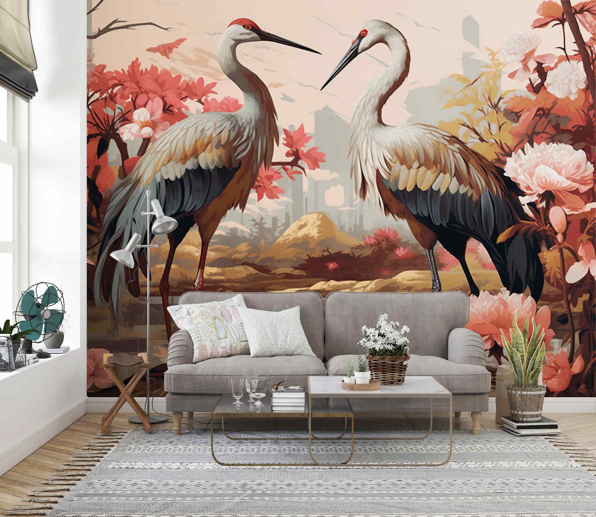 Two Cranes and Flowers Wallpaper  Japanese Mural YH-00888
