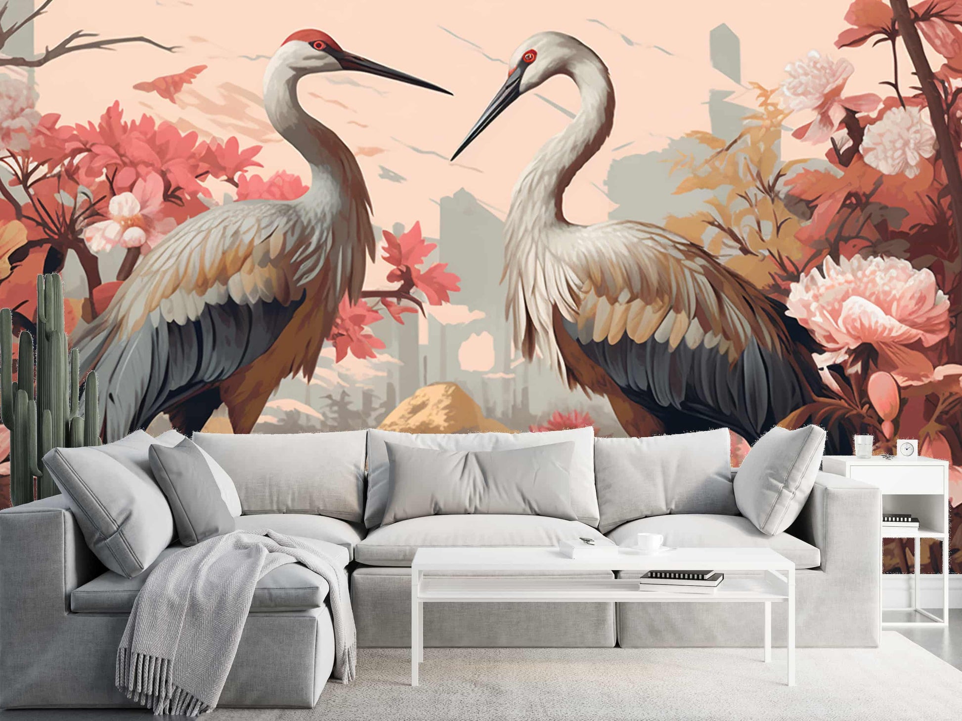 Two Cranes and Flowers Wallpaper  Japanese Mural YH-00888