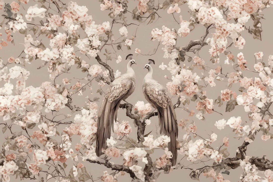 wallpaper peel and stick Two Peacock Wallpaper | Floral Chinoiserie Mural YF-02507