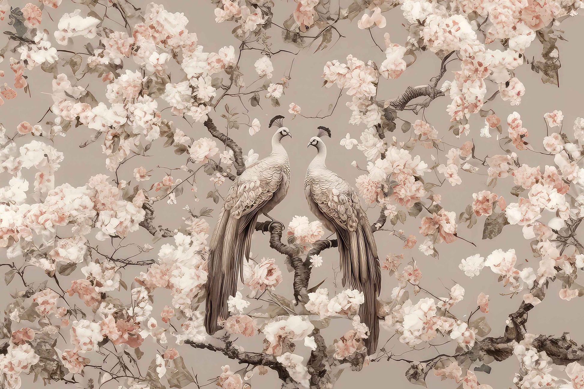 Two Peacock Wallpaper | Floral Chinoiserie Mural YF-02507