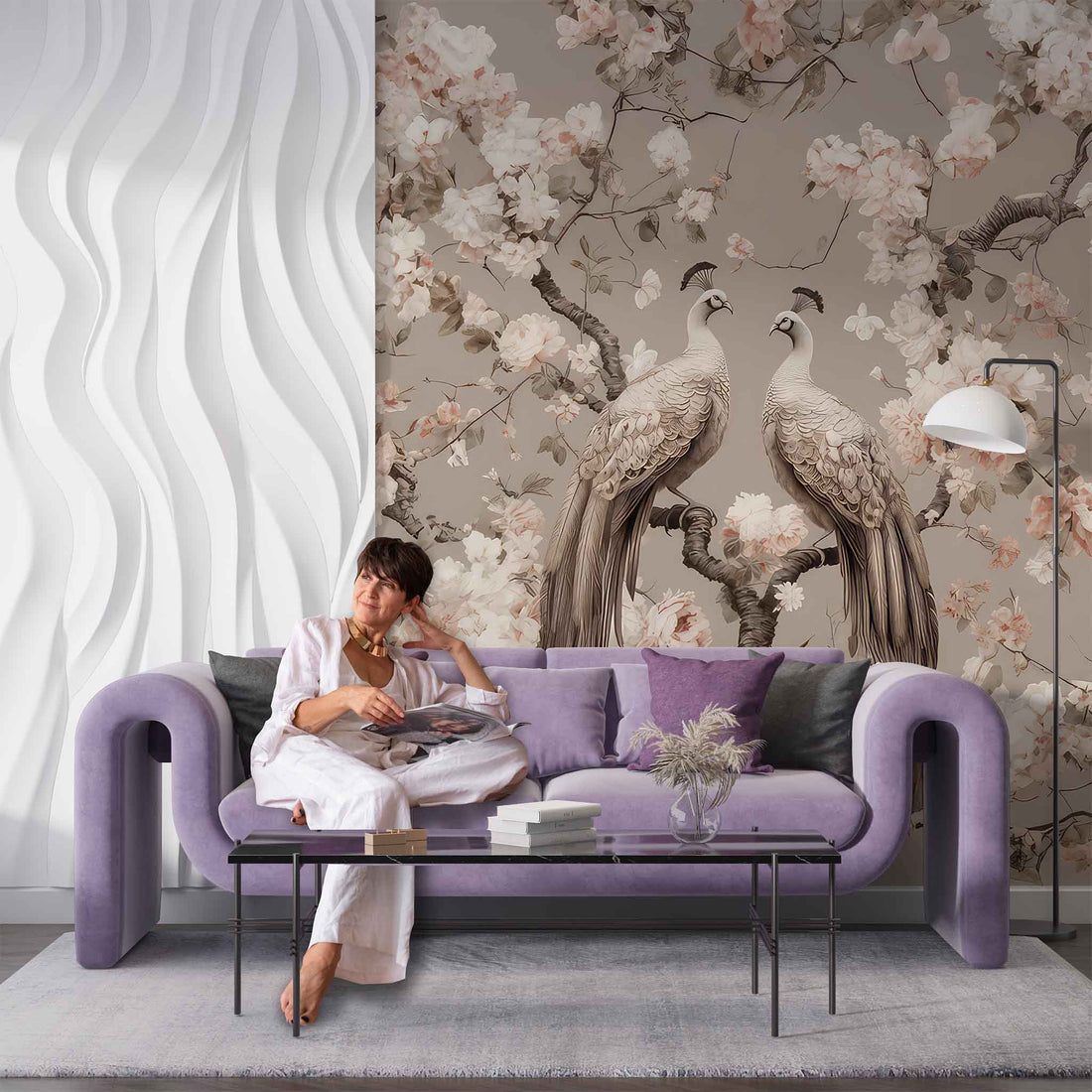 wallpaper peel and stick Two Peacock Wallpaper | Floral Chinoiserie Mural YF-02507