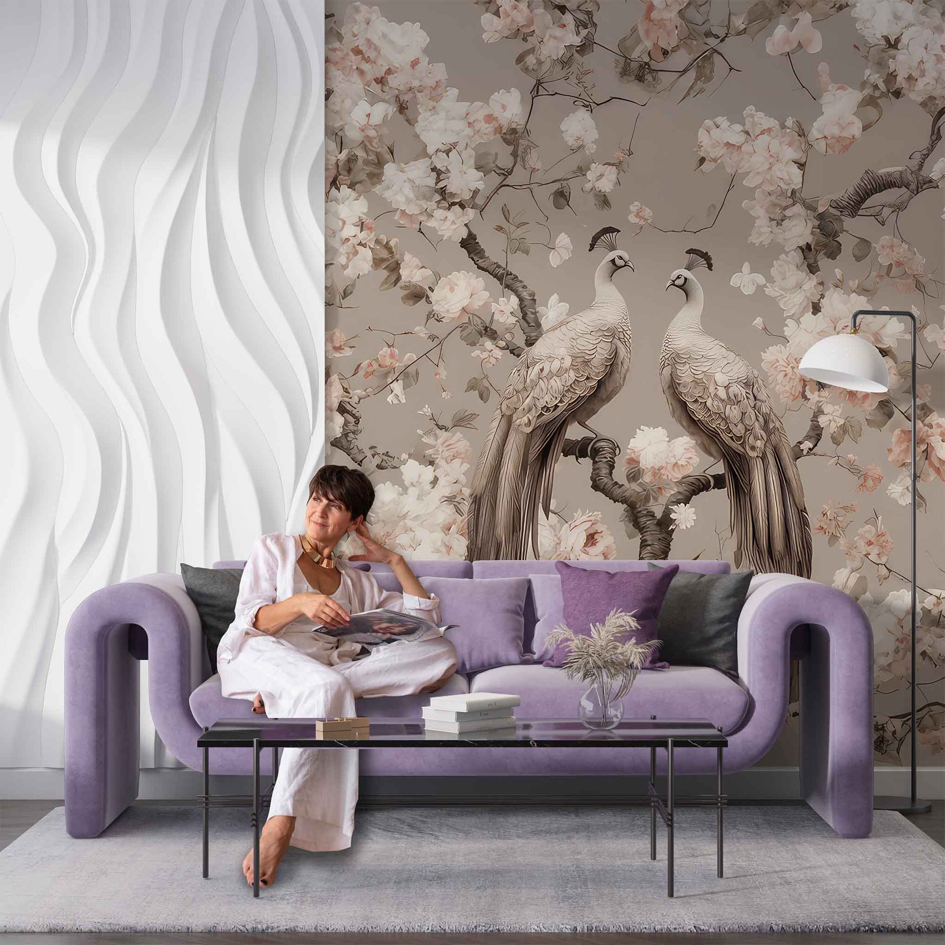wallpaper peel and stick Two Peacock Wallpaper | Floral Chinoiserie Mural YF-02507