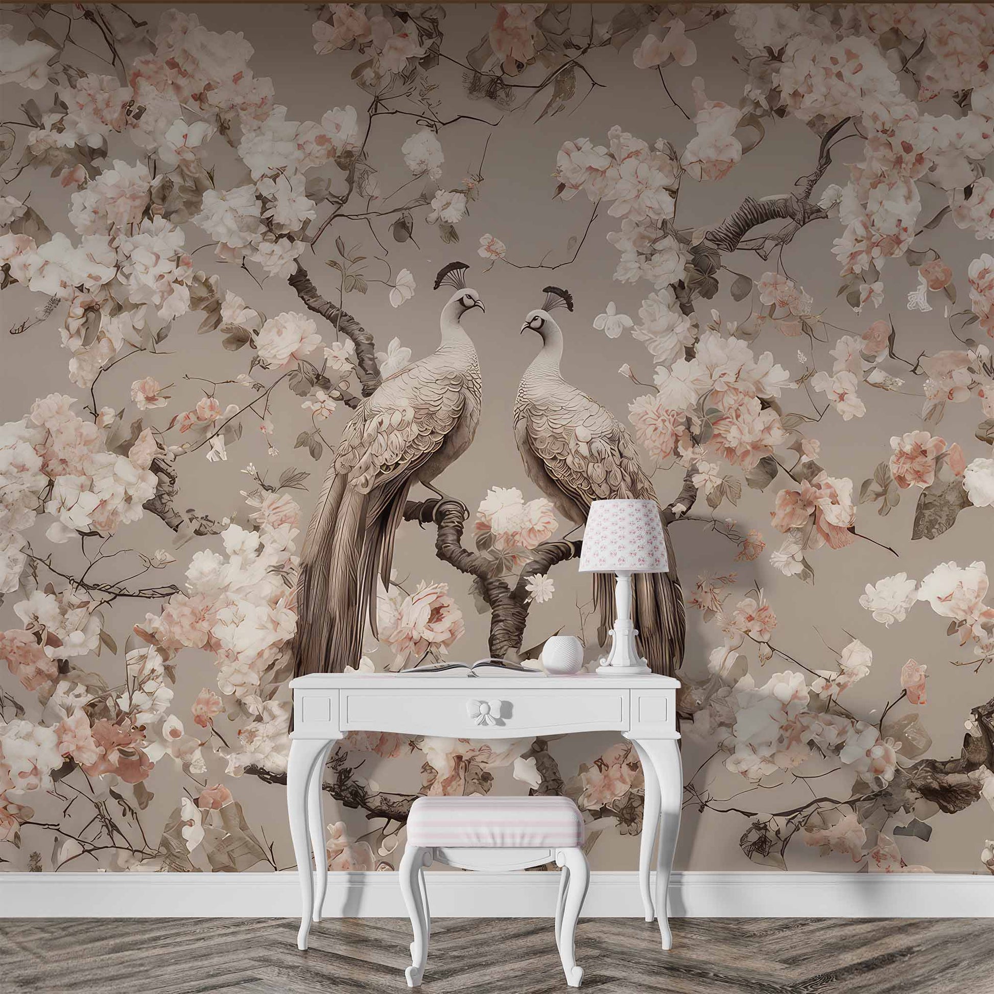 Two Peacock Wallpaper | Floral Chinoiserie Mural YF-02507 wallpaper peel and stick