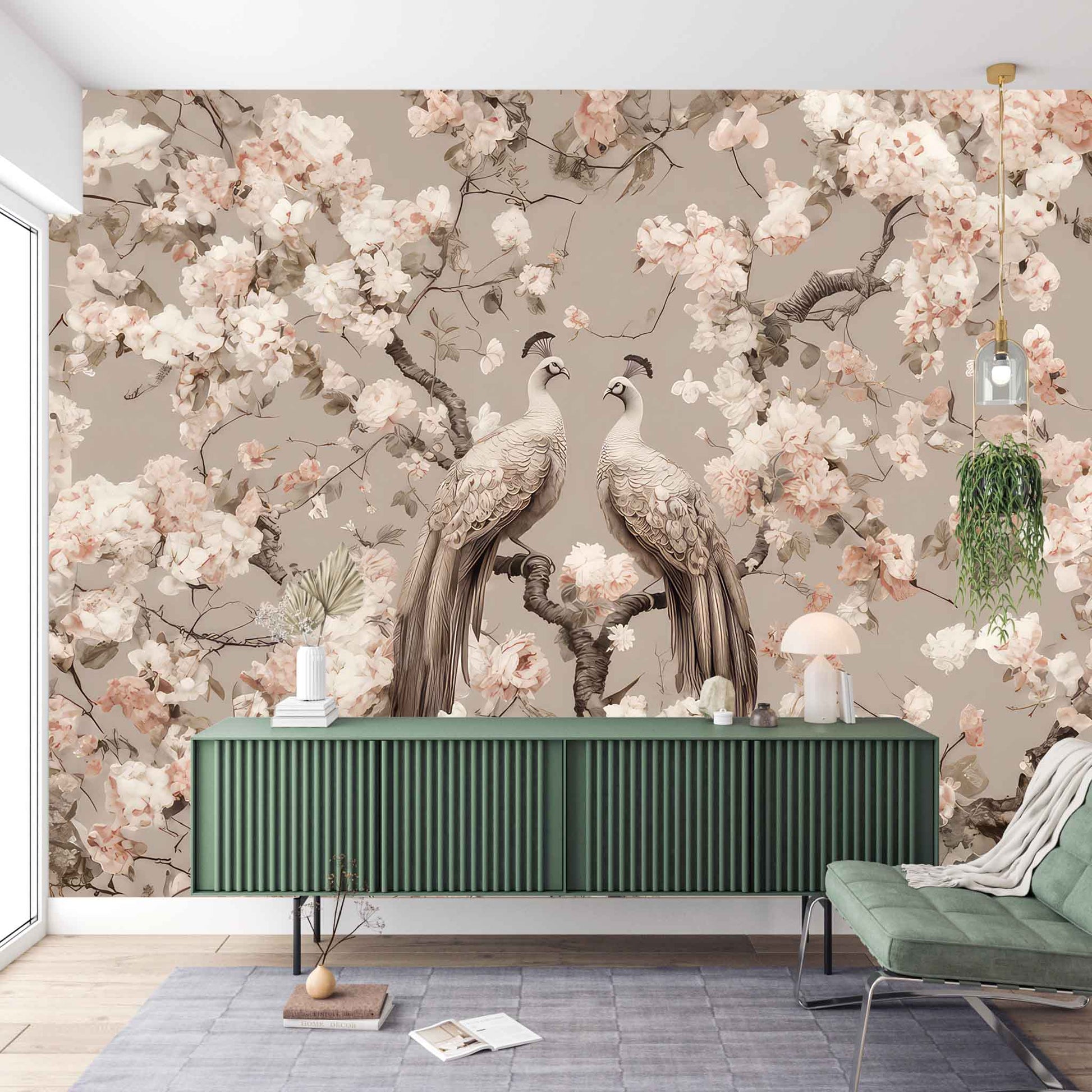 Two Peacock Wallpaper | Floral Chinoiserie Mural YF-02507
