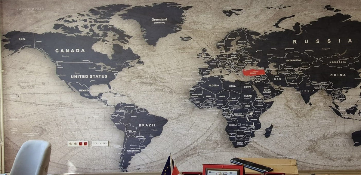 Vintage World Map Mural in a School Principal’s Office