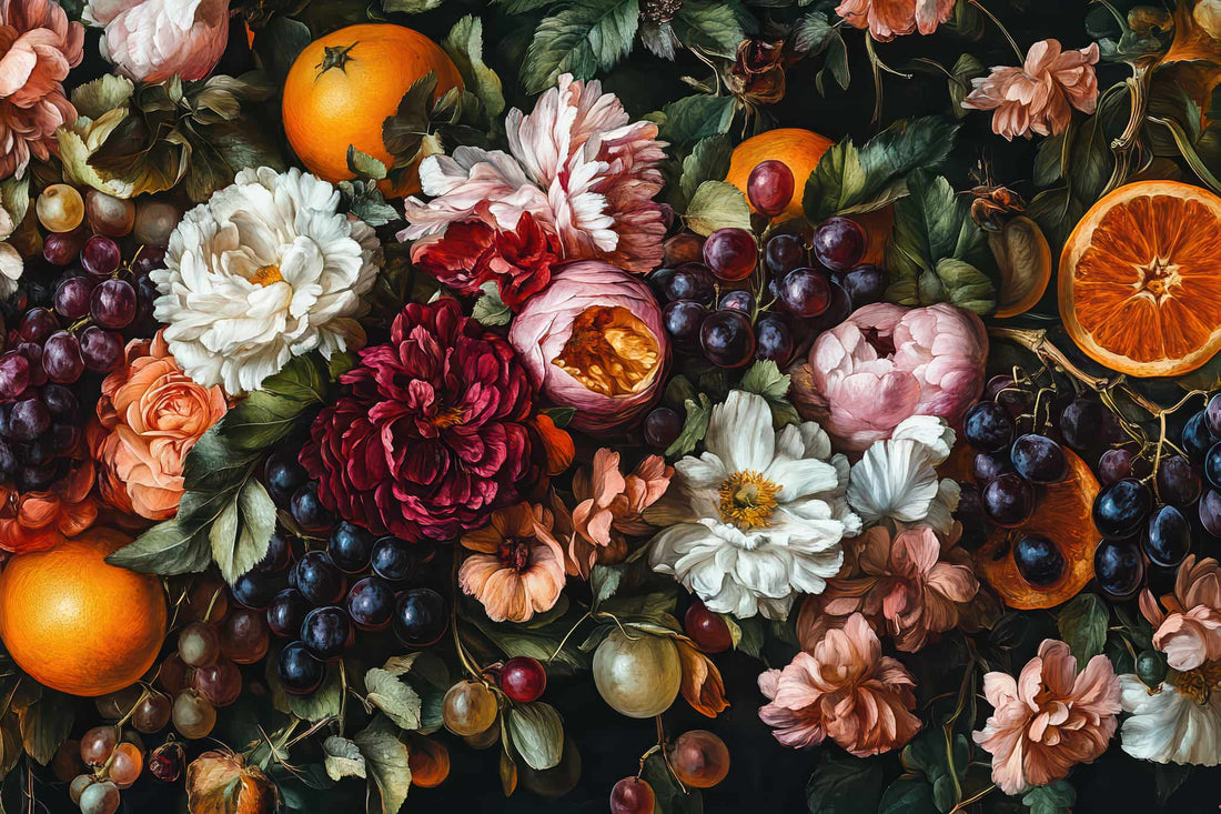 Vintage Botanical Wall Mural, Exotic Fruits and Flowers Wallpaper YF-05109