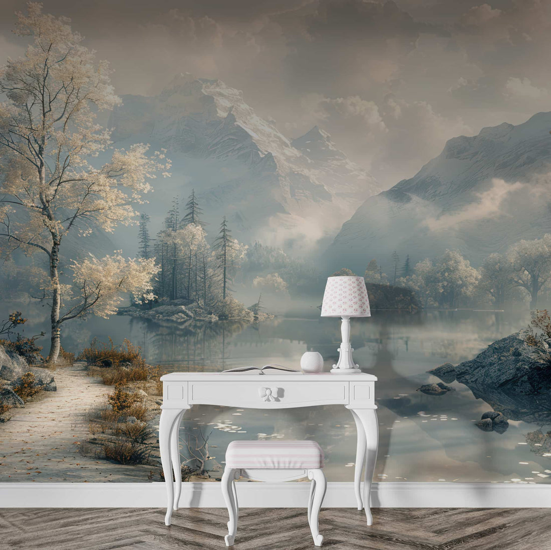Vintage Forest And Mountain Wall Decal, Oil Painting Landscape Wallpaper YD-30014