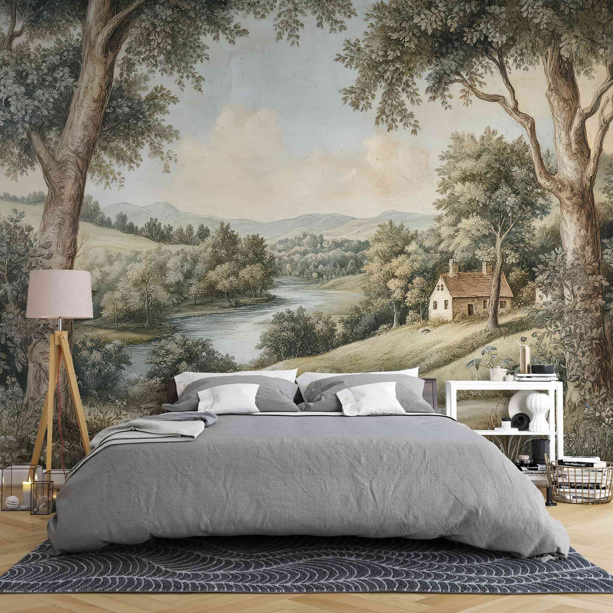 Vintage Landscape Wall Mural, Tree Scenic Wallpaper Art