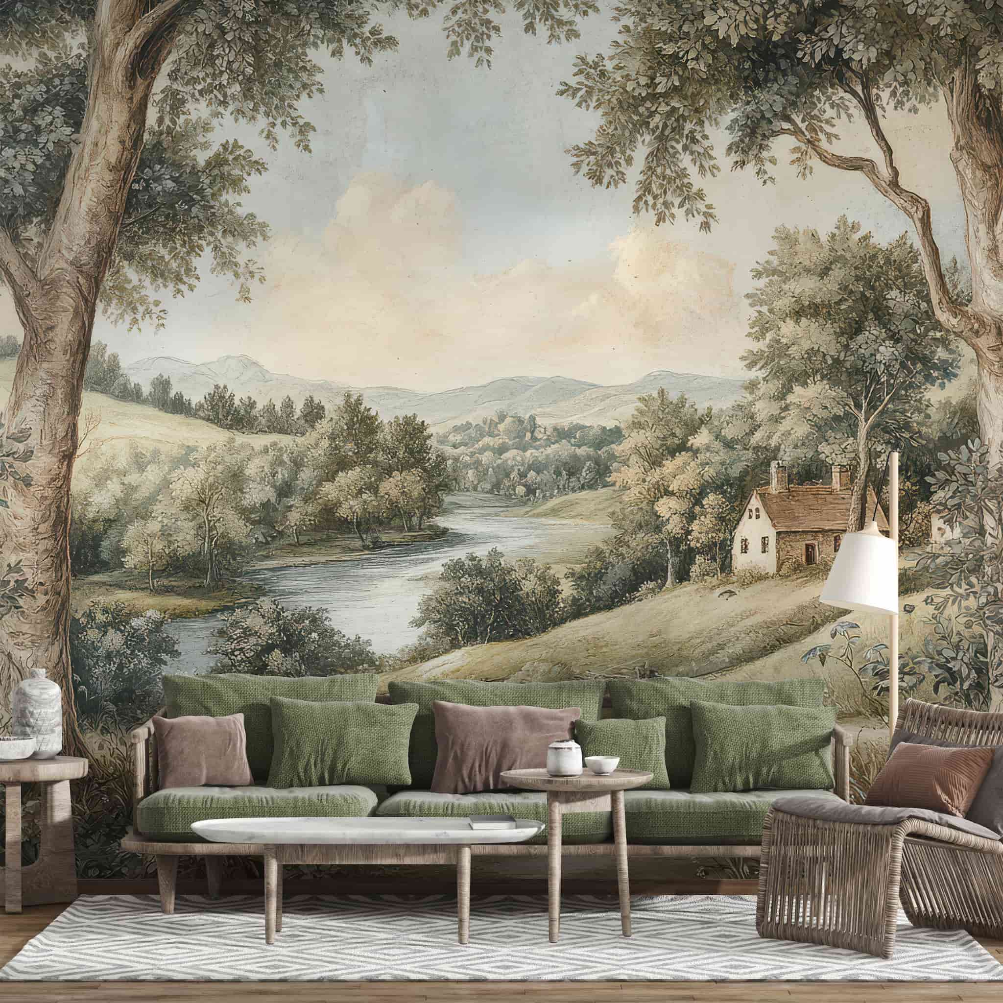 Vintage Landscape Wall Mural, Tree Scenic Wallpaper Art