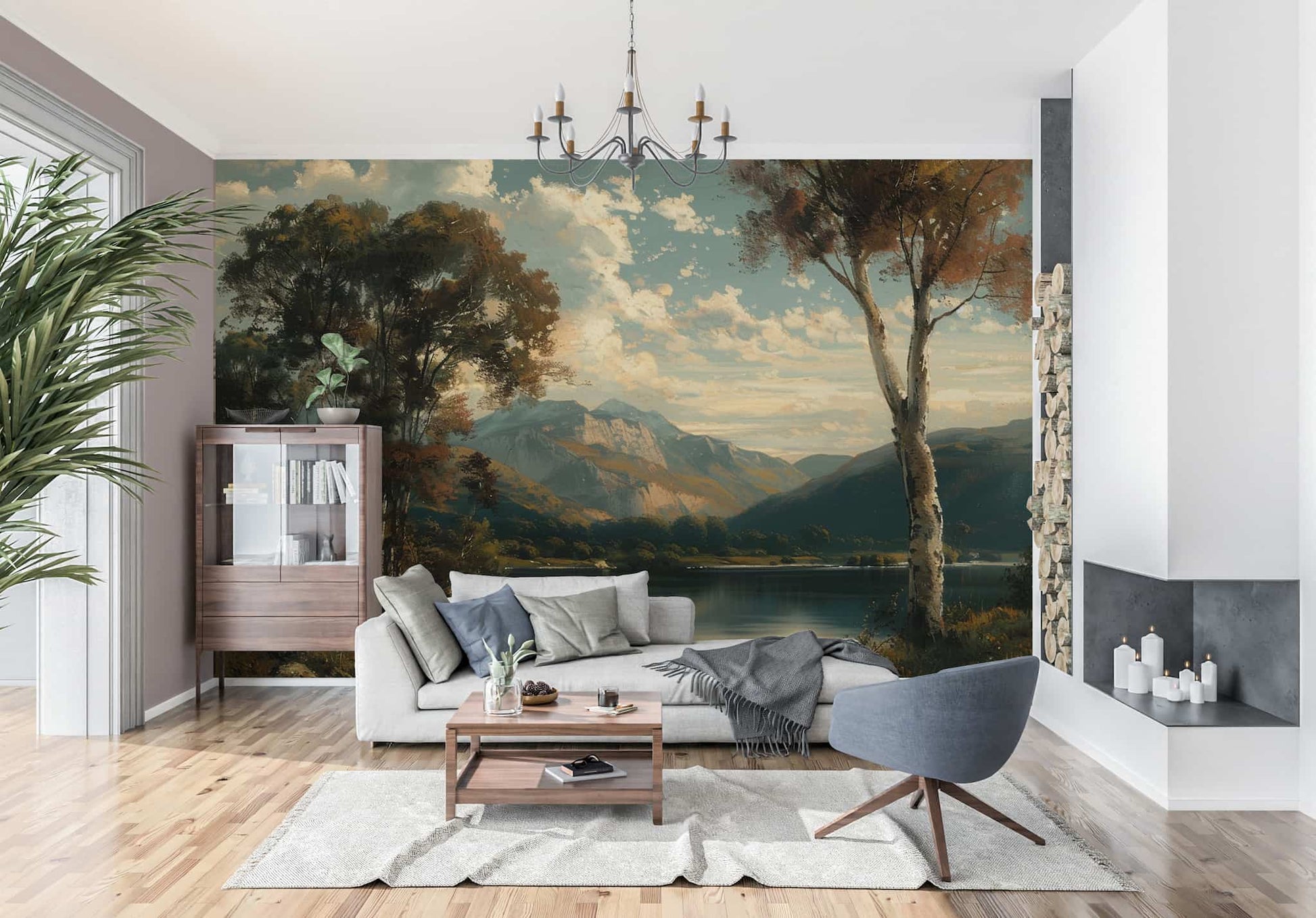 Vintage Landscape Wallpaper, Tree and Mountain Mural YD-04012