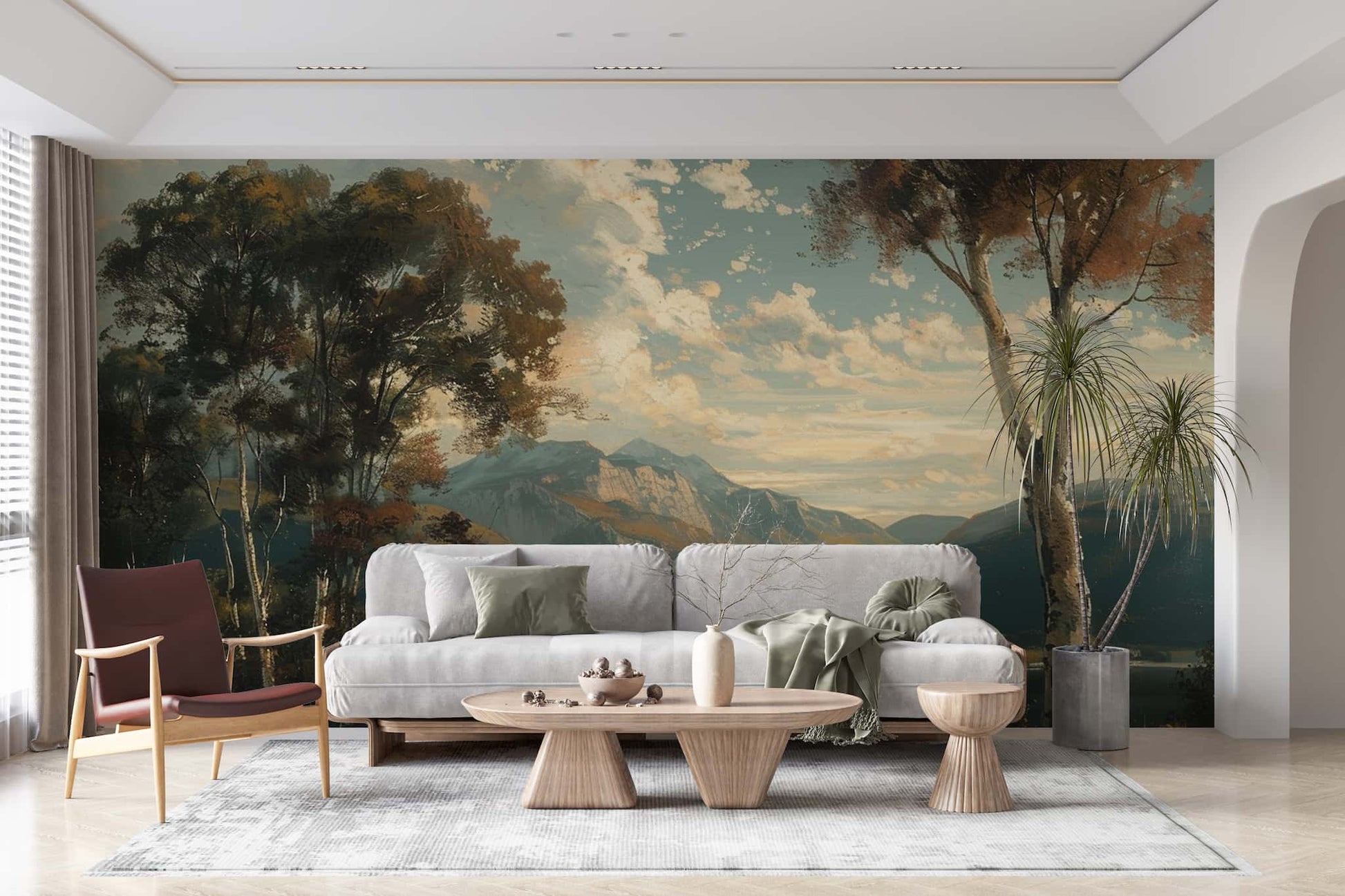 Vintage Landscape Wallpaper, Tree and Mountain Mural YD-04012