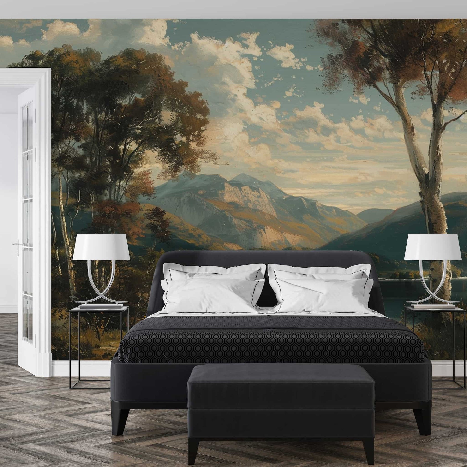 Vintage Landscape Wallpaper, Tree and Mountain Mural YD-04012
