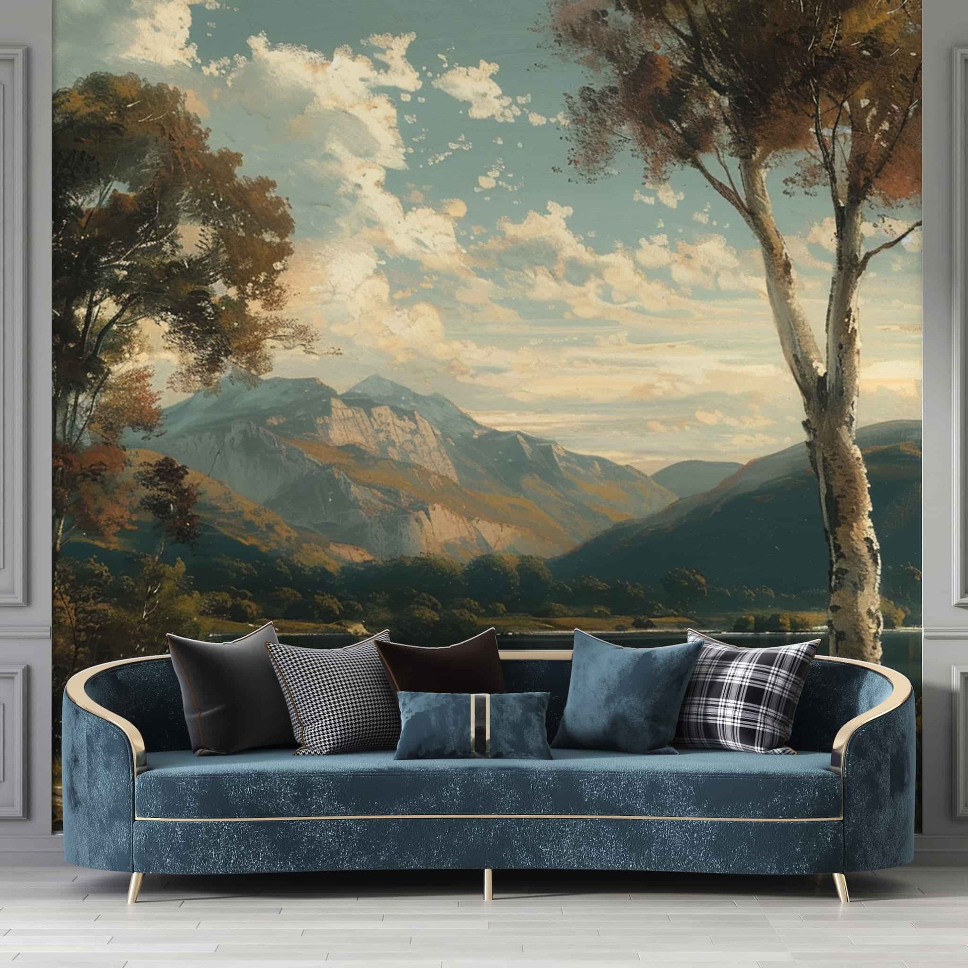 Vintage Landscape Wallpaper, Tree and Mountain Mural YD-04012
