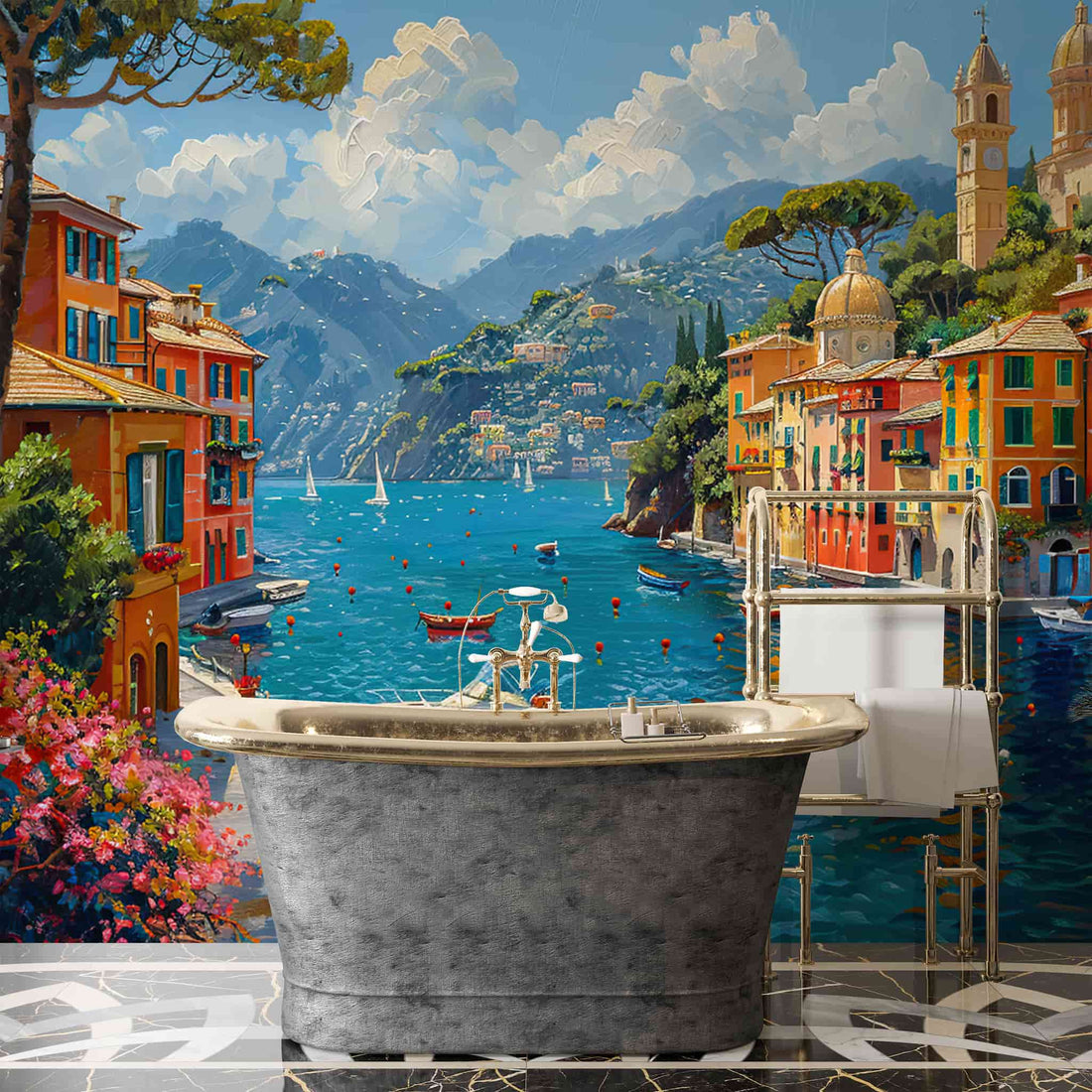 Vintage Portofino Landscape Wallpaper Oil Painting Wall Decal YD-05044