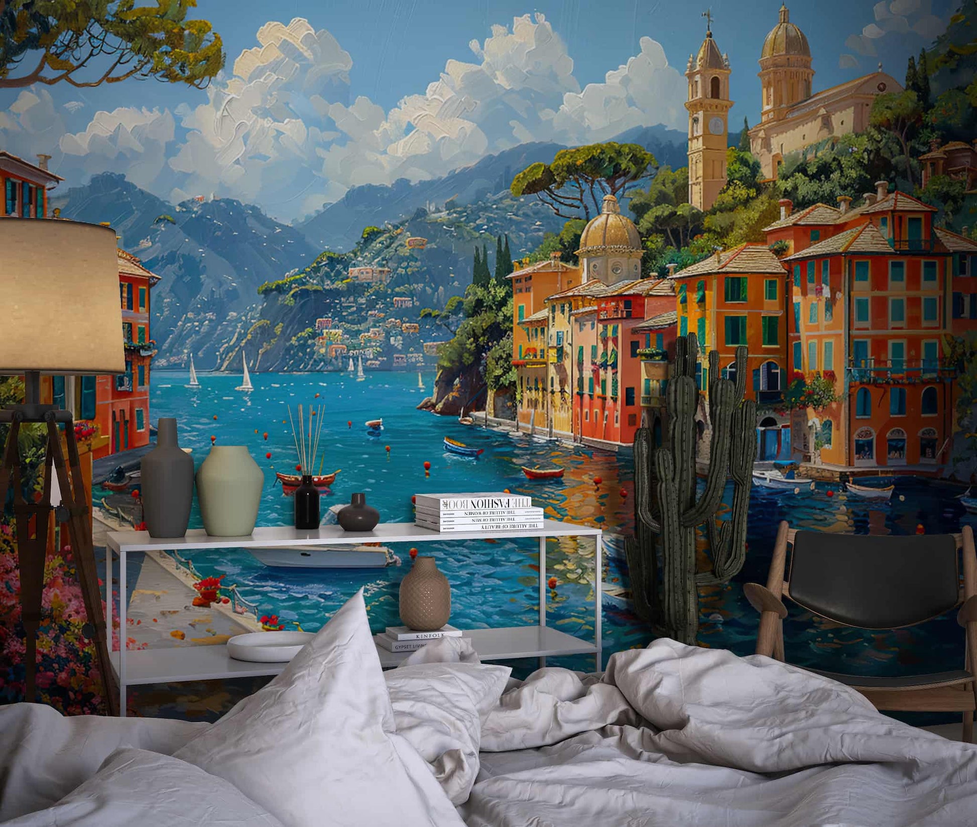 Vintage Portofino Landscape Wallpaper Oil Painting 