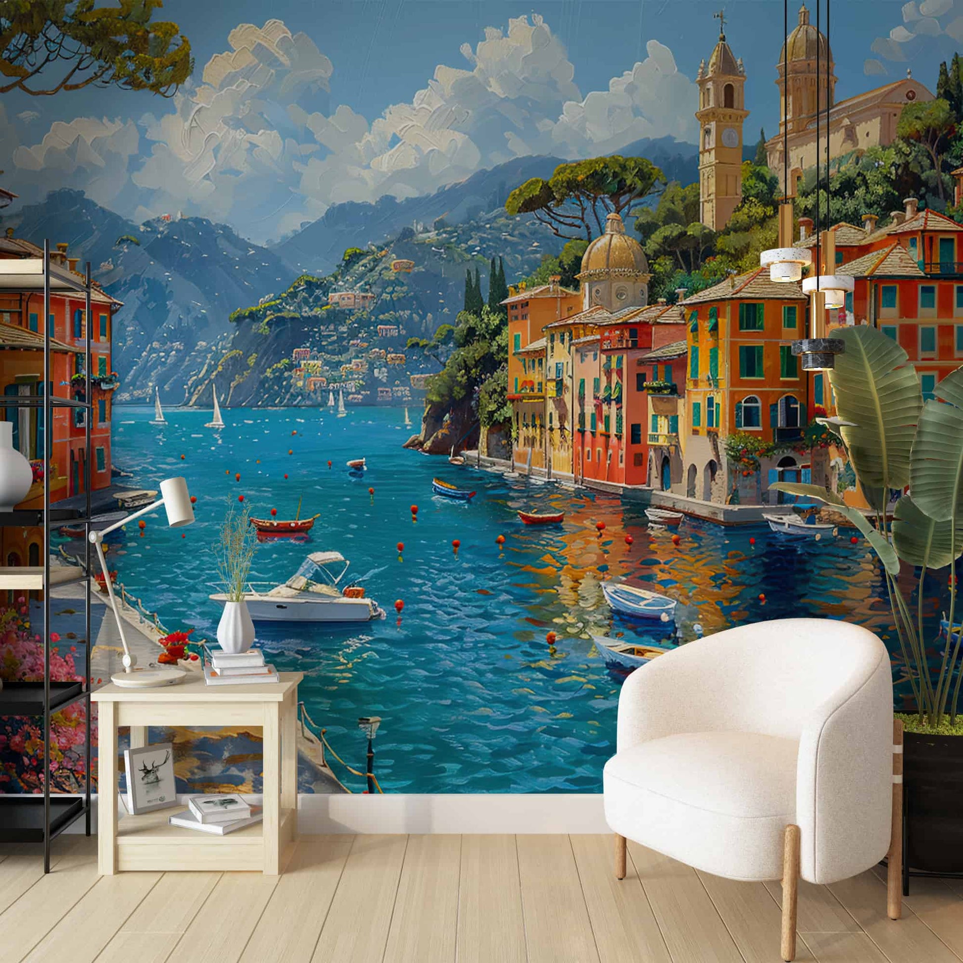 Vintage Portofino Landscape Wallpaper Oil Painting 