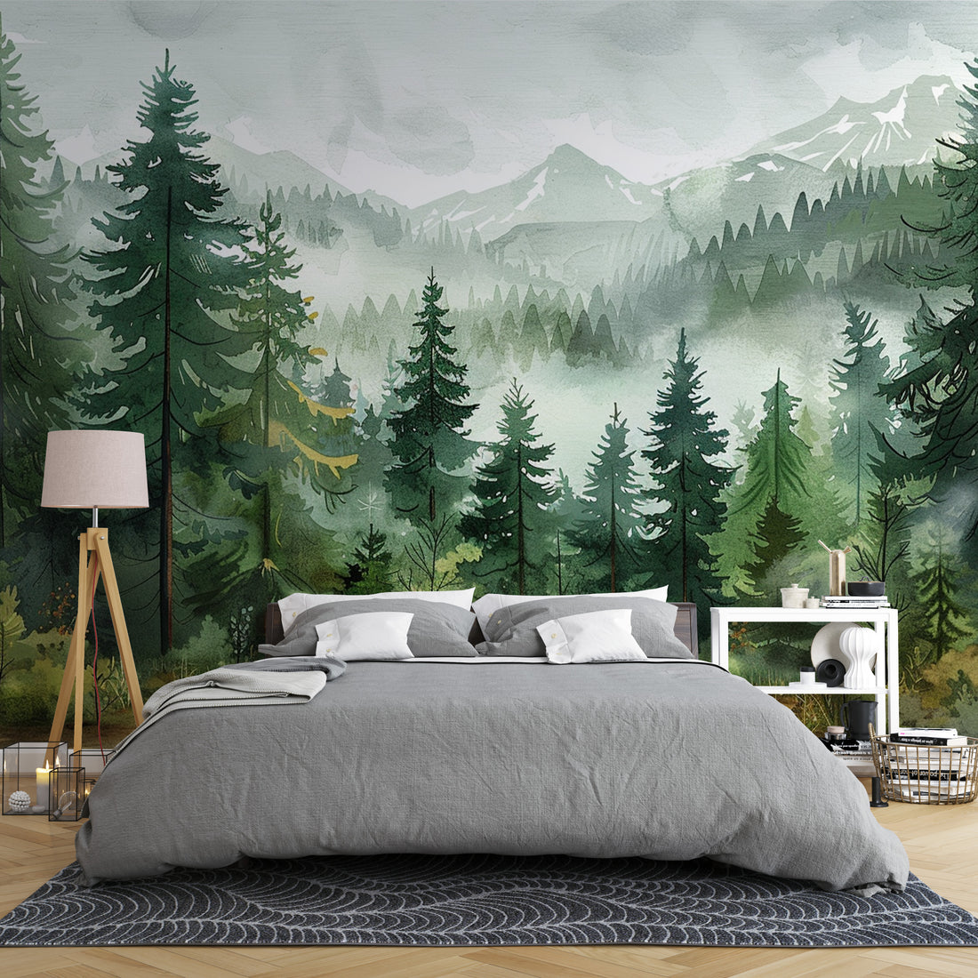 Watercolor Forest Wallpaper Pine Tree Wall Mural Misty Mountain Landscape YCO-04025