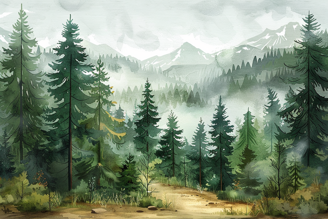 Watercolor Forest Wallpaper Pine Tree Wall Mural Misty Mountain Landscape YCO-04025