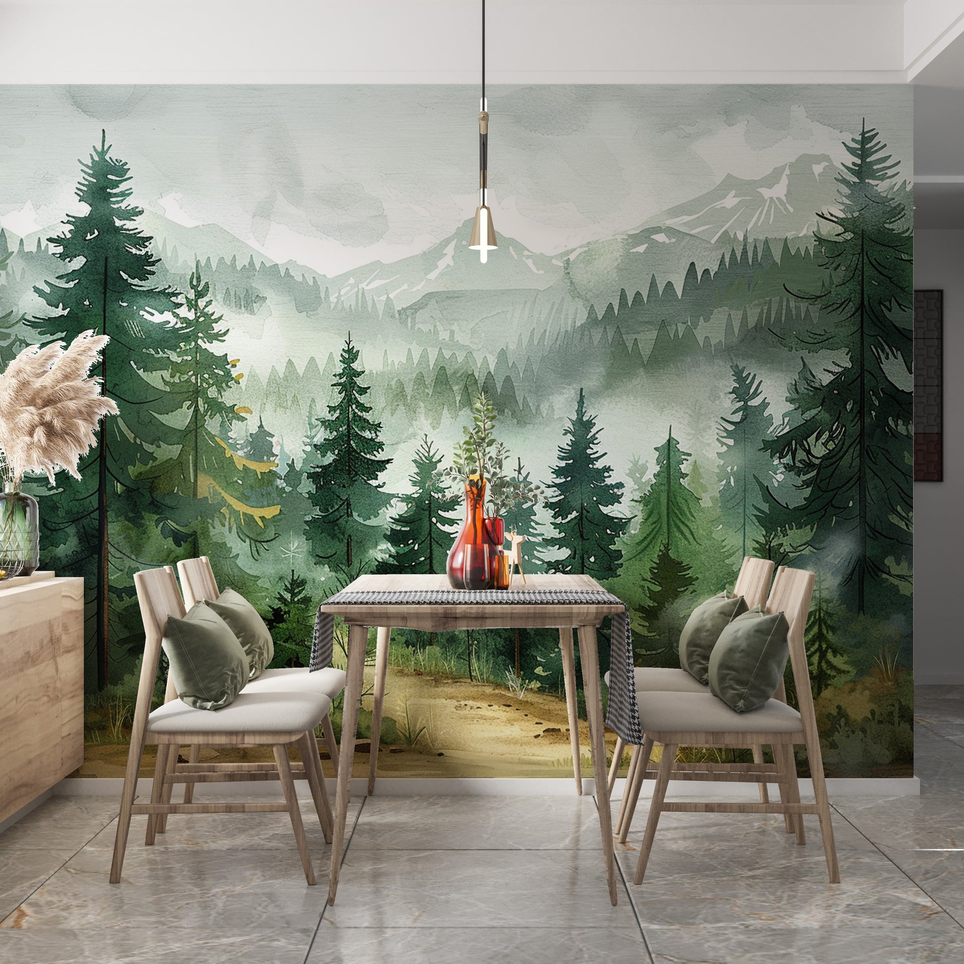 Watercolor Forest Wallpaper Pine Tree Wall Mural Misty Mountain Landscape YCO-04025