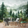 Watercolor Forest Wallpaper Pine Tree Wall Mural Misty Mountain Landscape YCO-04025