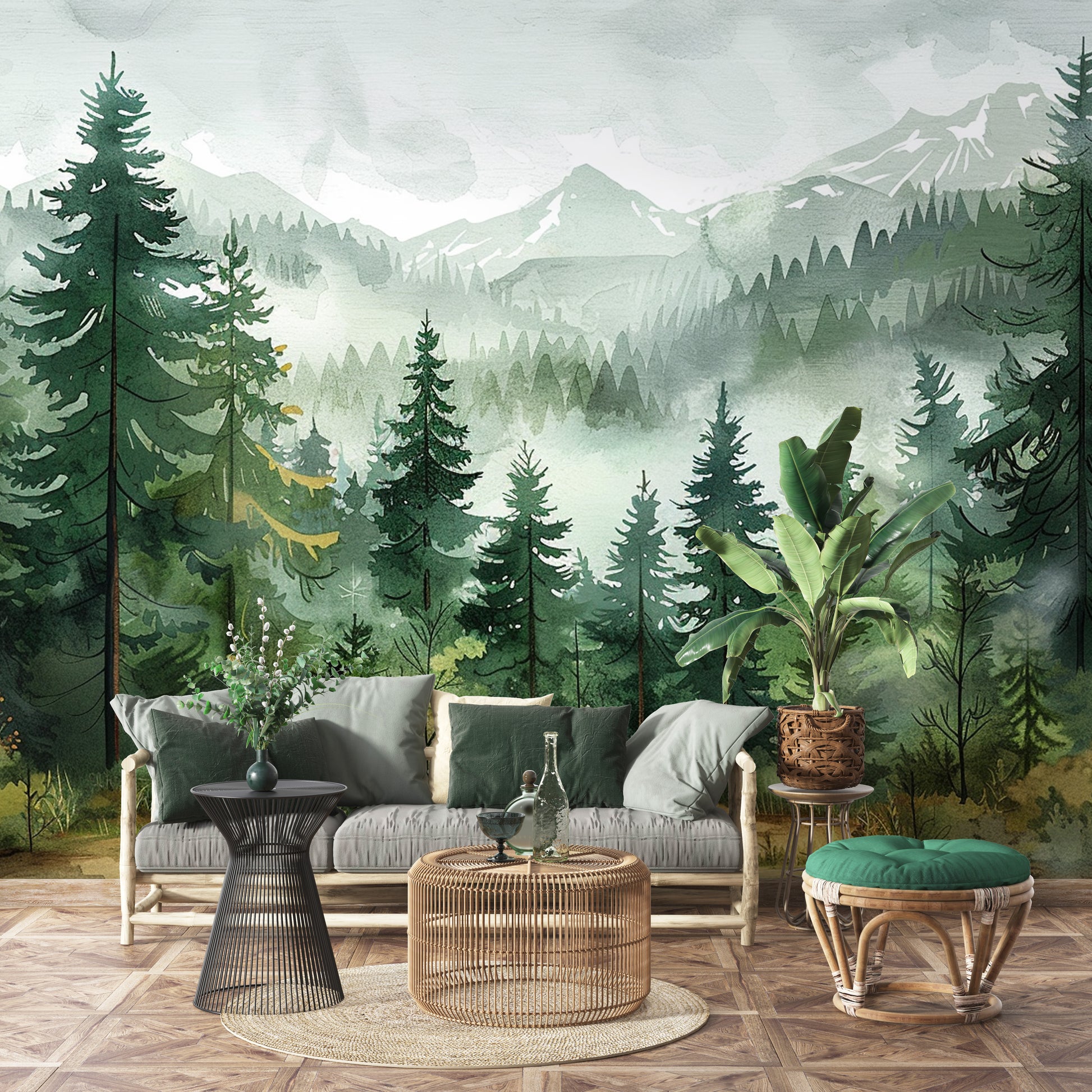 Watercolor Forest Wallpaper Pine Tree Wall Mural Misty Mountain Landscape YCO-04025
