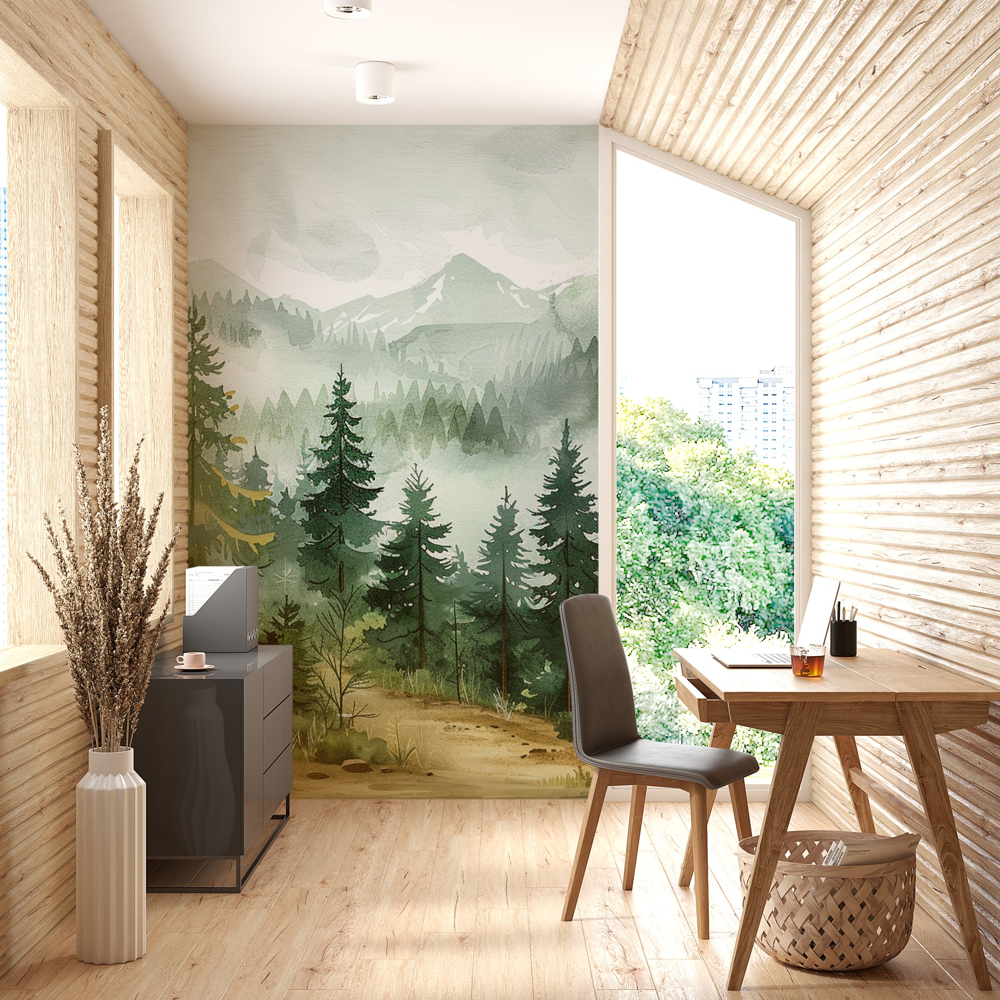 Watercolor Forest Wallpaper Pine Tree Wall Mural Misty Mountain Landscape YCO-04025