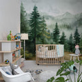Watercolor Forest Wallpaper Pine Tree Wall Mural Misty Mountain Landscape YCO-04025