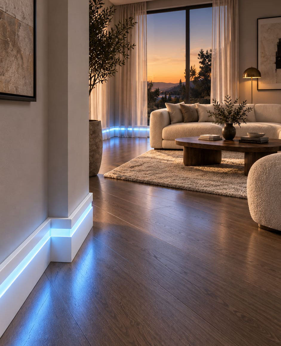 Modern polymer LED skirting board with front cover channel installed along a contemporary interior wall
