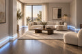Paintable covered LED baseboard molding adding ambient floor-level lighting to a luxury living space