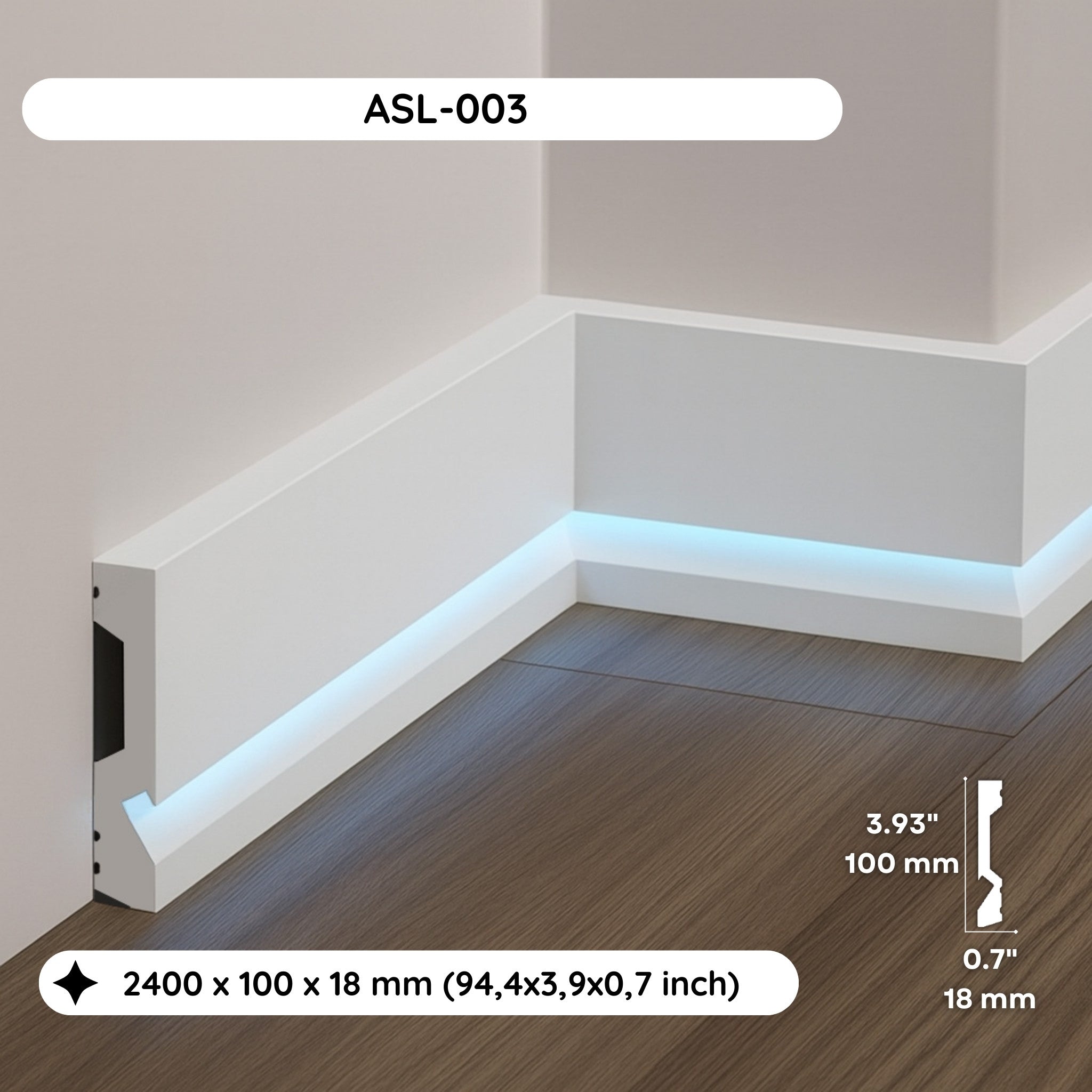 LED Skirting Board ASL-003 | Polymer Baseboard Trim with LED Channel
